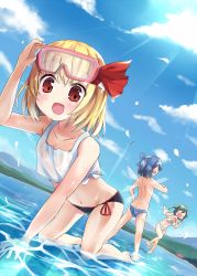 Rule 34 | 3girls, back, bare back, bikini, bikini bottom only, blonde hair, blue eyes, blue hair, blush, bow, breasts, cirno, cleavage, daiyousei, diving mask, diving mask on head, fairy wings, goggles, goggles on head, green hair, hair bow, hair ribbon, highres, ice, ice wings, kirisame marisa, long hair, looking at viewer, medium breasts, multiple girls, navel, open mouth, red eyes, ribbon, rumia, short hair, side ponytail, small breasts, smile, soramuko, swimsuit, topless, touhou, wakasagihime, wings