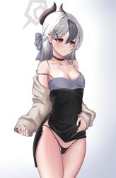 Rule 34 | 1girl, black choker, black hair, black horns, black panties, blue archive, breasts, choker, cleavage, collarbone, commentary request, covered navel, ear piercing, emmak0, gradient background, grey background, grey hair, grey halo, halo, highres, horns, kayoko (blue archive), kayoko (dress) (blue archive), mole, mole on neck, multicolored hair, official alternate costume, panties, piercing, red eyes, small breasts, solo, standing, thighs, two-tone hair, underwear
