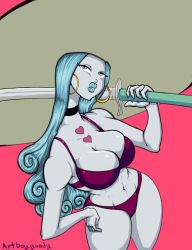 Rule 34 | 1girl, aqua hair, artist request, bikini, breasts, charlotte amande, cigarette, curly hair, earrings, flower, hand on own hip, hat, heart, highres, holding, holding sword, holding weapon, jewelry, large breasts, long hair, nude, one piece, portrait, side-tie bikini bottom, smile, smoke, smoking, solo, swimsuit, sword, weapon