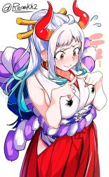 Rule 34 | 1girl, blue hair, blush, breasts, brown eyes, closed mouth, cowboy shot, embarrassed, grey hair, highres, horns, japanese clothes, large breasts, multicolored hair, one piece, ponytail, re:ankh (mrsz4523), red skirt, side slit, simple background, skirt, sleeveless, solo, standing, two-tone hair, white background, yamato (one piece)