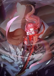 Rule 34 | 1girl, absurdres, bare shoulders, belt, black footwear, black gloves, boots, breasts, broken, cleavage, closed mouth, covered erect nipples, crimson avenger (elsword), elesis (elsword), elsword, female focus, floating hair, from above, full body, gloves, high heel boots, high heels, highres, holding, holding sword, holding weapon, large breasts, legs apart, long hair, motion blur, ninsaki (9saki), outdoors, pale skin, pantyhose, pink hair, rock, see-through, see-through legwear, solo, standing, sword, thighhighs, very long hair, waist cape, weapon, wrist cuffs, yellow eyes