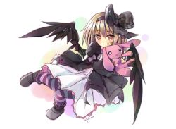 Rule 34 | 1girl, artist name, bad id, bad pixiv id, blush, boots, bow, brown hair, child, crown, dark feather alma, dress, emil chronicle online, frilled dress, frills, frown, full body, gothic lolita, hair bow, hair ornament, hairband, highres, holding, lolita fashion, looking to the side, o o, orange eyes, pantyhose, plaid, plaid bow, pointy ears, short hair, smile, solo, sora from france, striped clothes, striped pantyhose, stuffed animal, stuffed rabbit, stuffed toy, teardrop, white background, wings