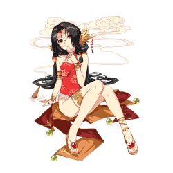 Rule 34 | 1girl, anklet, armlet, bare shoulders, black hair, bracelet, casual one-piece swimsuit, floral print, full body, hair ornament, honkai (series), honkai impact 3rd, ice cream cone, jewelry, jixuanyuan, long hair, official art, one-piece swimsuit, orange eyes, red one-piece swimsuit, sandals, swimsuit, thighlet, third-party source, transparent background