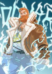 Rule 34 | 1boy, absurdres, bara, beard, beard over mouth, character request, clenched hands, cowboy shot, denim, dislyte, dog tags, earrings, electricity, electrokinesis, facial hair, fonzu (callmefonzu), full beard, highres, jacket, jeans, jewelry, long beard, looking at viewer, male focus, mature male, muscular, muscular male, mustache, open clothes, open jacket, pants, pectoral cleavage, pectorals, short hair, solo, thick beard, thick chest hair, thick eyebrows, thick mustache