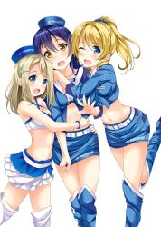 Rule 34 | 10s, 3girls, ayase alisa, ayase eli, bad id, bad twitter id, blonde hair, blue eyes, blue hair, blue scrunchie, blue skirt, blush, boots, earrings, hair between eyes, hair ornament, hairclip, hand on another&#039;s hip, hand on another&#039;s shoulder, hat, highres, hino minato (spec.c), hug, jewelry, leg up, long hair, looking at viewer, love live!, love live! school idol project, midriff, multiple girls, navel, non-web source, one eye closed, open mouth, ponytail, sandwiched, scan, scrunchie, siblings, simple background, sisters, skirt, skirt tug, sonoda umi, thigh boots, thighhighs, white background, yellow eyes