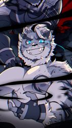 Rule 34 | 2boys, ahoge, animal ears, bara, bare pectorals, belly, blue eyes, chest tattoo, fat, fat man, fingerless gloves, forked eyebrows, furry, furry male, gloves, glowing, glowing eyes, green eyes, grin, hand on another&#039;s shoulder, highres, hombre tigre (housamo), jaguar boy, large pectorals, limited palette, lisuchi, male focus, multiple boys, muscular, nipples, pectorals, sharp teeth, short hair, smile, spot color, tattoo, teeth, tezcatlipoca (housamo), thick eyebrows, tiger boy, tiger ears, tokyo houkago summoners, white hair