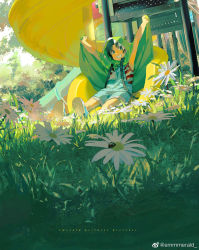 Rule 34 | 1boy, arms up, child, daisy, emmmerald, flower, full body, highres, male focus, outdoors, smile, solo, white flower