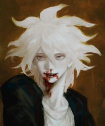 Rule 34 | 1boy, akiko 141, blood, blood from mouth, blood on face, brown background, danganronpa (series), danganronpa 2: goodbye despair, grey eyes, hair between eyes, highres, jacket, komaeda nagito, male focus, messy hair, nosebleed, open clothes, open jacket, open mouth, pale skin, portrait, realistic, shirt, short hair, solo, teeth, upper body, upper teeth only, white hair, white shirt
