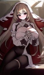 Rule 34 | 1girl, azur lane, blonde hair, bodysuit, breasts, brown bodysuit, cleavage, covered navel, g home, highres, interlocked fingers, kersaint (azur lane), large breasts, long hair, long sleeves, looking at viewer, own hands clasped, own hands together, parted lips, red eyes, shirt, sitting, solo, thigh strap, veil, very long hair, white shirt