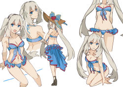 Rule 34 | 1girl, :d, arm support, back, bikini, bikini skirt, blue bikini, blue eyes, breasts, character sheet, cleavage, fate/grand order, fate (series), front-tie top, grey hair, hat, high heels, hsin, kneeling, long hair, looking at viewer, marie antoinette (fate), marie antoinette (fate/grand order), marie antoinette (swimsuit caster) (fate), marie antoinette (swimsuit caster) (third ascension) (fate), medium breasts, multiple views, navel, open mouth, sandals, shoes, simple background, sketch, smile, swimsuit, twintails, white background