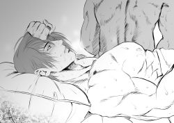 Rule 34 | 2boys, bara, bed, beniazumaru, blush, clenched hand, greyscale, highres, implied yaoi, large pectorals, lying, male focus, monochrome, multiple boys, muscular, muscular male, nipples, on back, on bed, parted lips, pectorals, pillow, short hair, sweat, sweatdrop, the king of fighters, under covers, yagami iori