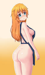 Rule 34 | 1girl, apron, ass, blue apron, blue eyes, breasts, closed mouth, commentary request, copyright request, from behind, highres, long hair, looking at viewer, looking back, medium breasts, mumistar, naked apron, orange hair, sideboob, simple background, smile, solo, standing, yellow background