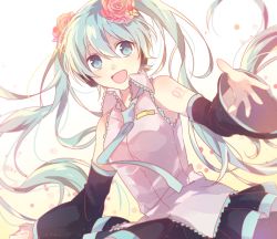 Rule 34 | 1girl, :d, black skirt, blue eyes, blue hair, blue necktie, bow, detached sleeves, floating hair, flower, grey shirt, hair bow, hair flower, hair ornament, hatsune miku, long hair, looking at viewer, miniskirt, necktie, open mouth, pink flower, pleated skirt, shirt, simple background, skirt, sleeveless, sleeveless shirt, smile, solo, twintails, very long hair, vocaloid, white background, yoishi (fuchi39)