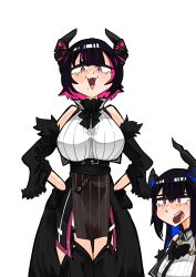 Rule 34 | 2girls, absurdres, aradia ravencroft, asymmetrical horns, black hair, blue hair, breasts, colored inner hair, demon horns, fangs, gloves, highres, hololive, hololive english, horns, koizumi arata, large breasts, long hair, looking at viewer, mole, mole under eye, mole under mouth, multicolored hair, multiple girls, nerissa ravencroft, open mouth, pink eyes, pink hair, red eyes, short hair, siblings, sisters, two-tone hair, uneven horns, virtual youtuber, white background