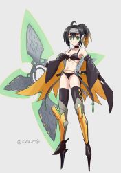 Rule 34 | 1girl, black hair, blonde hair, chaya mago, choker, commentary request, cosplay, detached sleeves, duel monster, full body, fuuma shuriken, gradient hair, green eyes, harpy, highres, holding, holding shuriken, holding weapon, monster girl, multicolored hair, revealing clothes, s-force rappa chiyomaru, shoes, shuriken, solo, thighhighs, weapon, winged arms, wings, yu-gi-oh!, yu-gi-oh! duel monsters