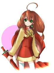 Rule 34 | 1girl, ahoge, arms at sides, brown hair, cape, closed umbrella, coat, green eyes, hair ornament, hairpin, lilka eleniak, long hair, long sleeves, low-tied long hair, lowres, sidelocks, simple background, skirt, smile, solo, taoresou, thighhighs, twintails, umbrella, white thighhighs, wild arms, wild arms 2