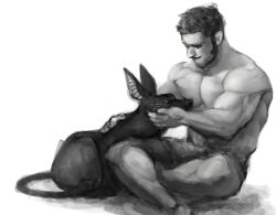 Rule 34 | 1boy, affectionate, animal, bara, beard stubble, buzz cut, chest hair, dog, facial hair, from side, full body, golden kamuy, greyscale, happy, highres, kasuke (li tgknk), male focus, mature male, monochrome, muscular, muscular male, pants, petting, short hair, sitting, sketch, solo, stubble, tanigaki genjirou, thick eyebrows, topless male, very short hair