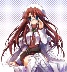 Rule 34 | 1girl, aty, aty (summon night), belt, belt skirt, blue eyes, boots, glasses, long hair, red hair, solo, summon night, summon night 3, suzushiro kurumi, thigh boots, thighhighs, turtleneck, white footwear