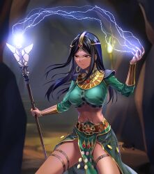 Rule 34 | 1girl, absurdres, black hair, breasts, buckle, commission, cropped shirt, diablo, diablo (series), diablo 2, earrings, electricity, floating hair, gem, green shirt, green skirt, headpiece, highres, holding, holding staff, isendra (diablo), jewelry, long hair, long sleeves, magic, medium breasts, midriff, navel, parted bangs, pelvic curtain, pixiv commission, red eyes, red gemstone, shirt, skirt, solo, sorceress (diablo 2), staff, standing, stomach, suprii, thigh strap