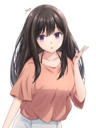 Rule 34 | 1girl, black hair, commentary, cowboy shot, gaerp4, halterneck, hashtag-only commentary, highres, inoue takina, long hair, looking at viewer, lycoris recoil, open mouth, orange shirt, purple hair, shirt, short sleeves, sidelocks, signature, simple background, solo, v, white background
