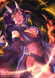 Rule 34 | 1girl, absurdres, artist name, chinese text, cloak, colored skin, commentary, commission, cowboy shot, demon horns, detached sleeves, english text, eyelashes, fire, fire, forehead, gem, gold trim, highres, hood, hood down, horns, jewelry, looking at viewer, navel, necklace, open mouth, original, parted lips, purple hair, purple lips, red skin, ring, scales, short hair, skeb commission, solo, sparkle, sugomori tsuru (artist), thick eyebrows, yellow eyes