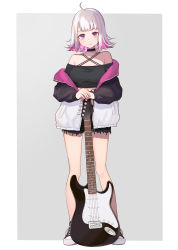 Rule 34 | 1girl, 1ssakawaguchi, absurdres, ahoge, bad id, bad pixiv id, bare legs, bare shoulders, black choker, black jacket, blush, border, breasts, brown footwear, choker, collarbone, colored inner hair, commentary, commentary request, crop top, electric guitar, expressionless, fender stratocaster, flipped hair, grey background, grey hair, guitar, highres, holding, holding instrument, instrument, jacket, long sleeves, looking at viewer, medium breasts, multicolored clothes, multicolored footwear, multicolored hair, multicolored jacket, original, outside border, pink eyes, pink hair, pink jacket, shoes, short hair, sneakers, symbol-only commentary, white border, white footwear, white jacket