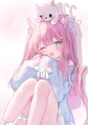 Rule 34 | 1girl, ;d, animal, animal ears, animal on head, blue eyes, blush, cat, cat ears, cat girl, cat on head, cat tail, commission, hakua aa, hashtag-only commentary, heart, highres, indie virtual youtuber, itigori ena, long hair, on head, one eye closed, open mouth, pink hair, sitting, skeb commission, smile, solo, tail, virtual youtuber, white cat