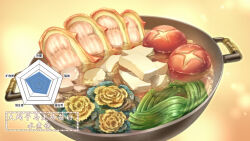 Rule 34 | air bubble, boiling, bubble, dungeon meshi, flower, food, food focus, hotpot, light particles, meat, mushroom, no humans, orange541, shiitake, slime (substance), soup, tofu, translation request, vegetable, wok, yellow background