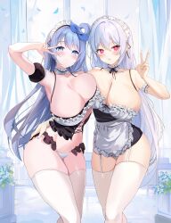 2girls absurdres ahoge apron arm_garter arm_up armpits artist_request bare_shoulders bikini black_bikini black_dress blue_eyes blue_hair blush breast_press breasts bright_pupils choker cleavage closers collarbone commission detached_sleeves dress frilled_apron frilled_bikini frilled_choker frills garter_straps hair_ribbon hair_rings halterneck hand_on_another&#039;s_waist hand_up highres large_breasts long_hair looking_at_viewer maid_apron maid_headdress mirae_(closers) multiple_girls navel one_side_up original parted_lips puffy_short_sleeves puffy_sleeves red_eyes ribbon second-party_source short_dress short_sleeves skindentation sleeveless sleeveless_dress spaghetti_strap standing stomach string_bikini swimsuit symmetrical_docking thighhighs thighs two-tone_bikini underbust v very_long_hair waist_apron white_bikini white_hair white_thighhighs yuksi_(yuksi) zettai_ryouiki