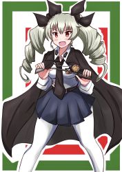 Rule 34 | 1girl, anchovy (girls und panzer), anzio (emblem), anzio school uniform, belt, black belt, black cape, black necktie, black ribbon, black skirt, border, cape, commentary, dress shirt, drill hair, emblem, girls und panzer, green border, green hair, hair ribbon, highres, holding, long hair, long sleeves, looking at viewer, meiya, miniskirt, necktie, open mouth, outline, pantyhose, pleated skirt, red border, red eyes, ribbon, riding crop, school uniform, shirt, skirt, smile, solo, twin drills, twintails, white outline, white pantyhose, white shirt, wing collar