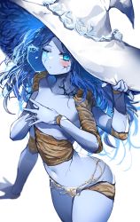Rule 34 | 1girl, absurdres, blue eyes, blue hair, blue skin, casul, colored skin, crack, cracked skin, doll joints, elden ring, extra arms, fingers together, hat, highres, holding, holding clothes, holding hat, joints, navel, ranni the witch, revealing clothes, white background, witch, witch hat