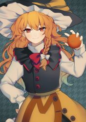 Rule 34 | 1girl, adapted costume, black vest, blonde hair, bow, braid, brown eyes, closed mouth, cowboy shot, food, fruit, garan co, grey background, hair bow, hair ribbon, hand on own hip, hat, highres, holding, holding food, holding fruit, kirisame marisa, light blush, long hair, long sleeves, looking at viewer, orange (fruit), puffy long sleeves, puffy sleeves, ribbon, simple background, single braid, skirt, smile, solo, touhou, tress ribbon, very long hair, vest, white bow, witch hat, yellow skirt