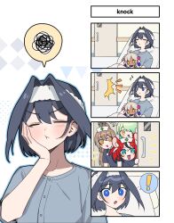 Rule 34 | !, 4girls, 4koma, 9am9am9am, ^^^, bed, black hair, blue eyes, brown hair, ceres fauna, character doll, comic, door, english text, green eyes, green hair, hakos baelz, hand on own cheek, hand on own face, hat, headband, highres, holocouncil, hololive, hololive english, hospital bed, hospital gown, indoors, long hair, lying, multicolored hair, multiple girls, nanashi mumei, nurse cap, on back, ouro kronii, parted bangs, peeking out, red hair, short hair, silent comic, smile, spoken exclamation mark, spoken squiggle, squiggle, tsukumo sana, virtual youtuber, white hair, yellow eyes