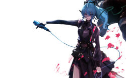 Rule 34 | 1girl, absurdres, belt, black gloves, blue hair, gloves, grin, highres, holding, holding microphone, hololive, hoshimachi suisei, hoshimachi suisei (shout in crisis), long hair, looking at viewer, microphone, ponytail, purple eyes, simple background, single glove, smile, solo, tsumeki, virtual youtuber, white background