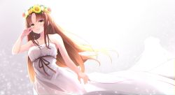 Rule 34 | 1girl, absurdres, bare arms, bare shoulders, blush, breasts, brown eyes, brown hair, closed mouth, commentary request, copyright request, crying, crying with eyes open, date (mamanonamaebot), dress, flower, flower wreath, hand up, head wreath, highres, long hair, medium breasts, parted bangs, red flower, solo, strapless, strapless dress, sunflower, tears, very long hair, virtual youtuber, white dress, white flower, wiping tears, yellow flower