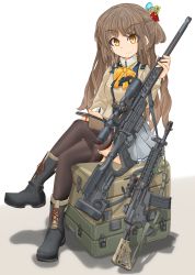 Rule 34 | 1girl, assault rifle, black footwear, black thighhighs, boots, bow, bowtie, box, brown eyes, brown hair, brown jacket, case, cellphone, closed mouth, combat boots, commentary request, cross-laced footwear, crossed legs, dress shirt, flower, frilled skirt, frills, green flower, grey skirt, gun, gun sling, hair ornament, high collar, highres, holding, holding phone, jacket, lace-up boots, looking at viewer, m4a1, mikeran (mikelan), miniskirt, on box, orange bow, orange bowtie, original, phone, pleated skirt, rifle, school uniform, scope, shadow, shirt, sitting, sitting on box, skirt, smartphone, smile, sniper rifle, solo, thighhighs, weapon, weapon request, white background, white shirt
