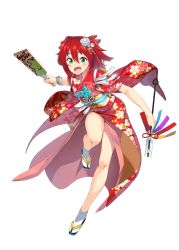Rule 34 | 1girl, akari sonozaki, arrow (projectile), bracelet, breasts, escalation heroines, floral print, flower, full body, green eyes, hair flower, hair ornament, holding, holding arrow, holding paddle, japanese clothes, jewelry, kimono, medium hair, obi, open mouth, paddle, red hair, red kimono, sandals, sash, simple background, solo, tabi, white background, white footwear