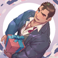 Rule 34 | 1boy, bara, blue eyes, blush, brown hair, collared shirt, formal, from above, gift, holding, holding gift, large pectorals, looking at viewer, male focus, medium sideburns, muscular, muscular male, one eye closed, onionworkshop, original, paid reward available, pectoral cleavage, pectorals, shirt, short hair, smile, solo, suit, takeshi (onionworkshop), vest