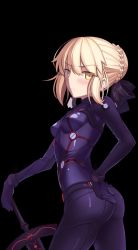 Rule 34 | 1girl, :&lt;, absurdres, alternate costume, artoria pendragon (all), artoria pendragon (fate), ass, black background, blonde hair, blush, boa (brianoa), bodysuit, braid, braided bun, breasts, closed mouth, cosplay, cowboy shot, excalibur morgan (fate), fate/stay night, fate (series), hair bun, hair ribbon, hand on hilt, hand on own hip, highres, holding, holding sword, holding weapon, impossible bodysuit, impossible clothes, looking at viewer, looking back, plugsuit, purple bodysuit, purple ribbon, ribbon, saber alter, sidelocks, simple background, skin tight, small breasts, solo, souryuu asuka langley, souryuu asuka langley (cosplay), sword, weapon, yellow eyes