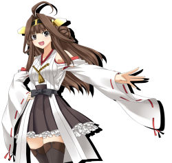 Rule 34 | 10s, 1girl, ;d, ahoge, breasts, brown hair, commentary request, detached sleeves, double bun, grey eyes, hand on own hip, headgear, highres, huge ahoge, japanese clothes, kantai collection, kongou (kancolle), long hair, long sleeves, looking at viewer, medium breasts, nontraditional miko, one eye closed, open mouth, outstretched arm, rappa (rappaya), shadow, sidelocks, skirt, smile, solo, thighhighs, white background, wide sleeves