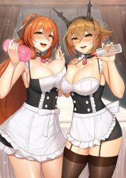 Rule 34 | 2girls, :d, apron, artificial vagina, asymmetrical docking, black legwear, blush, bottle, breast press, breasts, brown hair, choker, commission, commissioner upload, cowboy shot, crossover, garter straps, girls&#039; frontline, green eyes, hair between eyes, hair ribbon, headgear, heart, heart choker, highres, holding, holding bottle, holding hands, jai (whany1998), kantai collection, large breasts, long hair, looking at viewer, lotion, maid, multiple girls, mutsu (kancolle), open mouth, ponytail, pouring, pouring onto self, ribbon, second-party source, sex toy, short hair, sidelocks, sleeveless, smile, springfield (girls&#039; frontline), thighhighs, waist apron