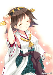 Rule 34 | 10s, 1girl, armpits, bare shoulders, breasts, brown hair, detached sleeves, closed eyes, flipped hair, frilled skirt, frills, green skirt, hairband, headgear, hiei (kancolle), japanese clothes, kantai collection, large breasts, nontraditional miko, plaid, ribbon-trimmed sleeves, ribbon trim, short hair, skirt, smile, solo, tamagawa yukimaru, twitter username, wide sleeves