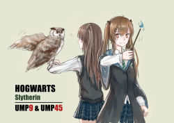 Rule 34 | 2girls, bird, crossover, english text, girls&#039; frontline, harry potter (series), hogwarts school uniform, magic, multiple girls, necktie, owl, scar, scar across eye, scar on face, scarf, school uniform, siblings, sisters, slms, slytherin, twins, twintails, ump45 (girls&#039; frontline), ump9 (girls&#039; frontline), wand, wizarding world