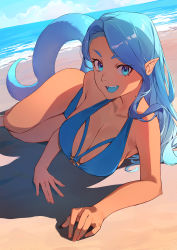 Rule 34 | 1girl, :d, bare arms, bare legs, bare shoulders, beach, blue eyes, blue hair, blue one-piece swimsuit, breasts, cleavage, cloud, commentary, commission, dark-skinned female, dark skin, feet out of frame, forehead, highres, ibaraki shun, large breasts, legs together, light blue hair, long bangs, looking at viewer, lying, multicolored hair, ocean, on side, one-piece swimsuit, open mouth, original, outdoors, pointy ears, shadow, sharp teeth, skeb commission, sky, smile, solo, swimsuit, tail, tan, teeth, thick eyebrows, thighs, two-tone hair, upper teeth only, ||/