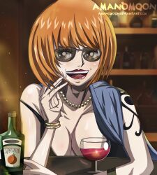 Rule 34 | 1girl, absurdres, aged up, alcohol, amanomoon, arm tattoo, artist name, bottle, bracelet, cup, drinking glass, highres, jewelry, lipstick, makeup, nami (one piece), necklace, one piece, open mouth, orange hair, pearl necklace, red lips, short hair, smile, solo, sunglasses, tattoo, watermark, web address, wine, wine glass