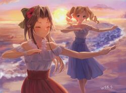 Rule 34 | 2girls, alternate costume, bare shoulders, beach, blonde hair, blue eyes, blue skirt, brown hair, closed eyes, cloud, cowboy shot, drill hair, feet out of frame, flower, flower necklace, frilled shirt, frills, gradient sky, hair intakes, half updo, honolulu (kancolle), horizon, jewelry, jintsuu (kancolle), kantai collection, lei, long hair, multiple girls, necklace, ocean, outdoors, pleated skirt, red skirt, shirt, skirt, sky, sun, sunset, twin drills, twintails, white shirt, wss (nicoseiga19993411)