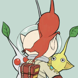 Rule 34 | 1boy, backpack, bag, black eyes, colored skin, commentary request, from behind, gloves, green background, hands on another&#039;s arm, helmet, leaf, male focus, naru (wish field), nintendo, no mouth, olimar, patch, pikmin (creature), pikmin (series), pointy ears, radio antenna, red bag, red eyes, red gloves, red pikmin, red skin, sitting, sitting on head, sitting on person, solid circle eyes, space helmet, spacesuit, upper body, white pikmin, white skin, yellow pikmin, yellow skin