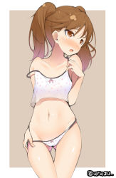 Rule 34 | 10s, 1girl, alternate costume, bare shoulders, blush, breasts, brown eyes, brown hair, camisole, collarbone, cowboy shot, gluteal fold, hand on own hip, kantai collection, kurogoma (haruhi3), long hair, looking to the side, navel, outside border, panties, panty pull, ryuujou (kancolle), small breasts, solo, stomach, strap slip, twintails, underwear, underwear only