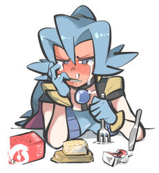 Rule 34 | 1girl, blue bodysuit, blue gloves, blue hair, blush, bodysuit, cape, carton, clair (pokemon), collarbone, commentary request, creatures (company), crying, drinking straw, food, fork, game freak, gloves, grey eyes, hair between eyes, hair tie, half-closed eyes, highres, holding, holding fork, knife, long hair, looking down, mouth pull, nintendo, nose bubble, pokemon, pokemon hgss, ponytail, solo, tears, teeth, tirarizun