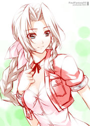 Rule 34 | 1990s (style), 1girl, aerith gainsborough, bow, braid, breasts, brown hair, cleavage, cropped jacket, final fantasy, final fantasy vii, gradient background, green eyes, hair bow, hand on own chest, long hair, retro artstyle, ribbon, sidelocks, smile, solo, you haruka